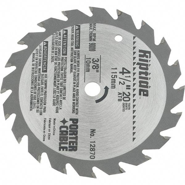 Porter-Cable - 4-1/2" Diam, 3/8" Arbor Hole Diam, 20 Tooth Wet & Dry Cut Saw Blade - Carbide-Tipped, Ripping Action, Standard Round Arbor - Caliber Tooling