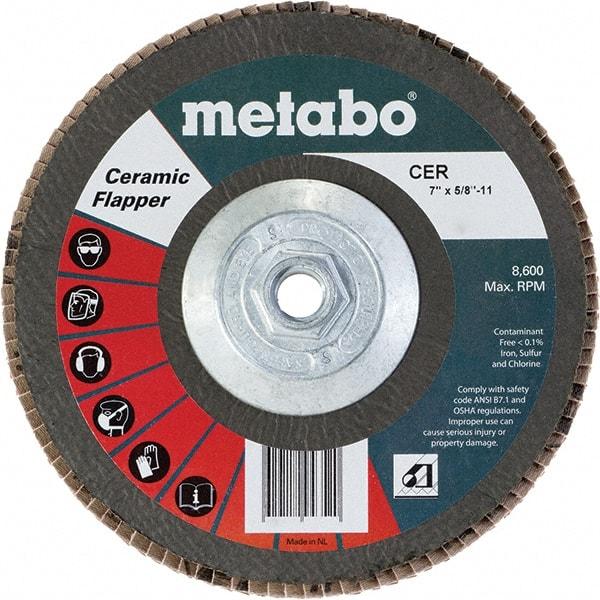 Metabo - 60 Grit, 7" Disc Diam, 5/8-11 Center Hole, Type 29 Ceramic Flap Disc - 8,600 Max RPM, Fiberglass Backing, Arbor Attaching System, Coated - Caliber Tooling