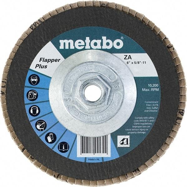 Metabo - 60 Grit, 6" Disc Diam, 5/8-11 Center Hole, Type 29 Zirconia Alumina Flap Disc - 10,200 Max RPM, Fiberglass Backing, Arbor Attaching System, Coated - Caliber Tooling