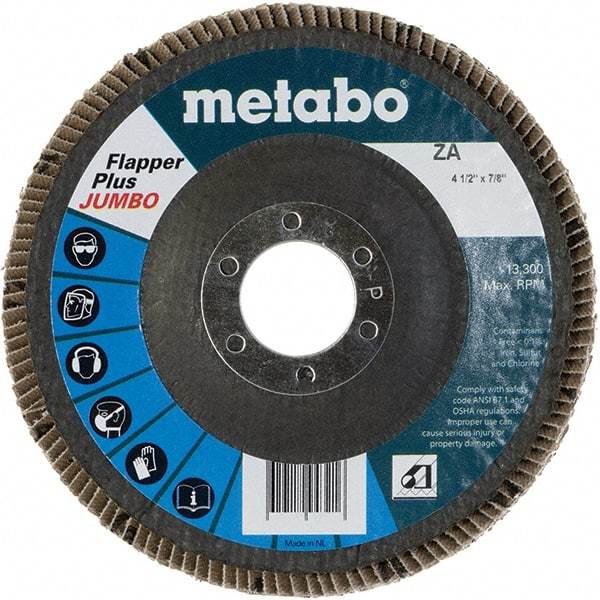 Metabo - 80 Grit, 4-1/2" Disc Diam, 7/8" Center Hole, Type 29 Zirconia Alumina Flap Disc - 13,300 Max RPM, Fiberglass Backing, Arbor Attaching System, Coated - Caliber Tooling