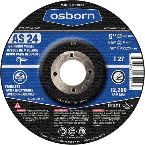 Osborn - 24 Grit, 5" Wheel Diam, 1/4" Wheel Thickness, 7/8" Arbor Hole, Type 27 Depressed Center Wheel - Coarse Grade, Aluminum Oxide, 12,225 Max RPM - Caliber Tooling