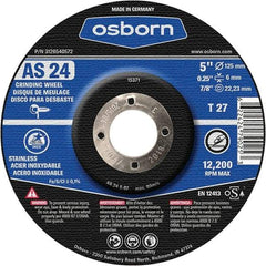 Osborn - 24 Grit, 5" Wheel Diam, 1/4" Wheel Thickness, 7/8" Arbor Hole, Type 27 Depressed Center Wheel - Coarse Grade, Aluminum Oxide, 12,225 Max RPM - Caliber Tooling