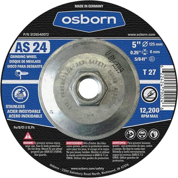 Osborn - 24 Grit, 5" Wheel Diam, 1/4" Wheel Thickness, Type 27 Depressed Center Wheel - Coarse Grade, Aluminum Oxide, 12,225 Max RPM - Caliber Tooling