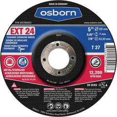 Osborn - 24 Grit, 5" Wheel Diam, 1/4" Wheel Thickness, 7/8" Arbor Hole, Type 27 Depressed Center Wheel - Coarse Grade, Ceramic, 12,225 Max RPM - Caliber Tooling