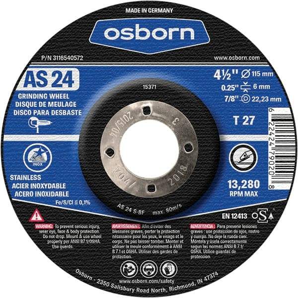 Osborn - 24 Grit, 4-1/2" Wheel Diam, 1/4" Wheel Thickness, 7/8" Arbor Hole, Type 27 Depressed Center Wheel - Coarse Grade, Aluminum Oxide, 13,280 Max RPM - Caliber Tooling