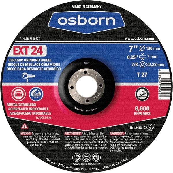 Osborn - 24 Grit, 7" Wheel Diam, 1/4" Wheel Thickness, 7/8" Arbor Hole, Type 27 Depressed Center Wheel - Coarse Grade, Ceramic, 8,600 Max RPM - Caliber Tooling