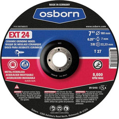 Osborn - 24 Grit, 7" Wheel Diam, 1/4" Wheel Thickness, 7/8" Arbor Hole, Type 27 Depressed Center Wheel - Coarse Grade, Ceramic, 8,600 Max RPM - Caliber Tooling