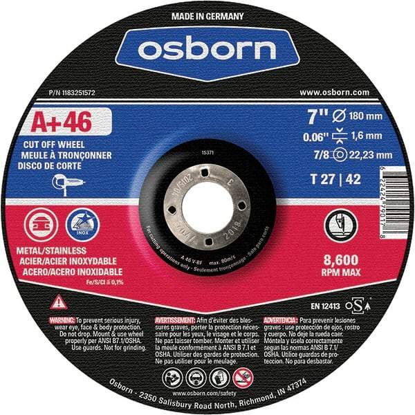 Osborn - 7" 46 Grit Aluminum Oxide Cutoff Wheel - 0.06" Thick, 7/8" Arbor, Use with Angle Grinders - Caliber Tooling