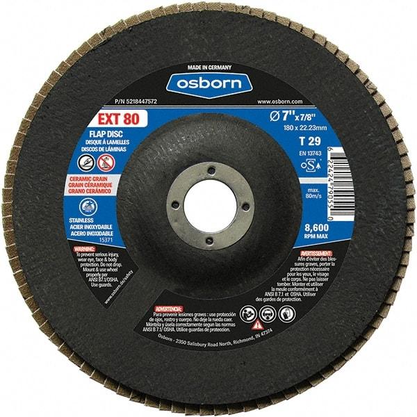 Osborn - 80 Grit, 7" Disc Diam, 7/8" Center Hole, Type 29 Ceramic Flap Disc - 8,600 Max RPM, Fiberglass Backing, Arbor Attaching System, Coated - Caliber Tooling