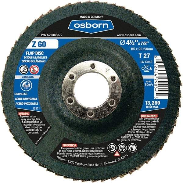 Osborn - 60 Grit, 4-1/2" Disc Diam, 7/8" Center Hole, Type 27 Zirconia Alumina Flap Disc - 13,280 Max RPM, Fiberglass Backing, Arbor Attaching System, Coated - Caliber Tooling