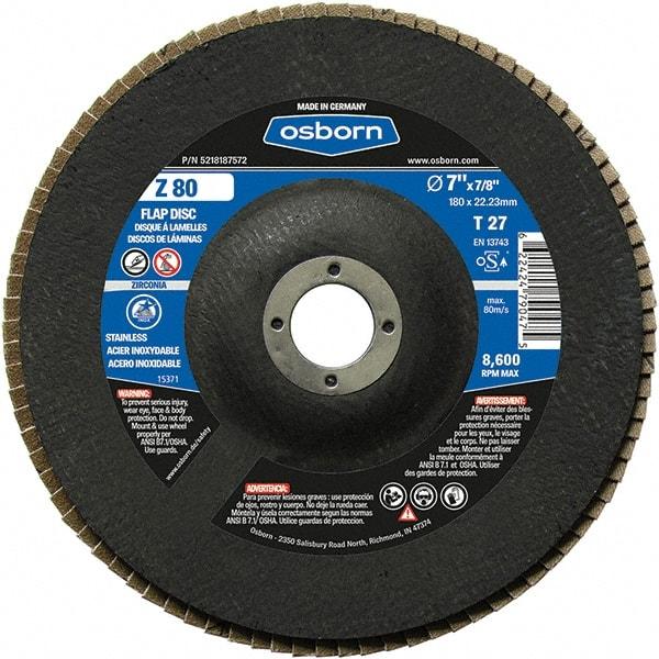 Osborn - 80 Grit, 7" Disc Diam, 7/8" Center Hole, Type 27 Zirconia Alumina Flap Disc - 8,600 Max RPM, Fiberglass Backing, Arbor Attaching System, Coated - Caliber Tooling