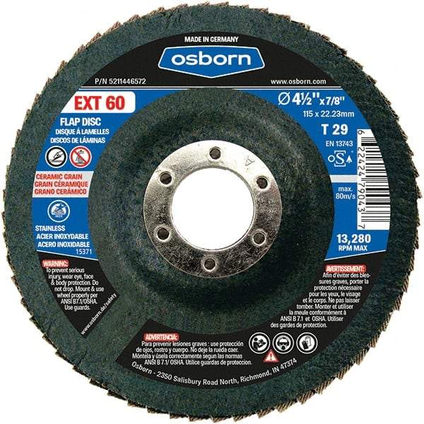 Osborn - 60 Grit, 4-1/2" Disc Diam, 7/8" Center Hole, Type 29 Ceramic Flap Disc - 13,280 Max RPM, Fiberglass Backing, Arbor Attaching System, Coated - Caliber Tooling