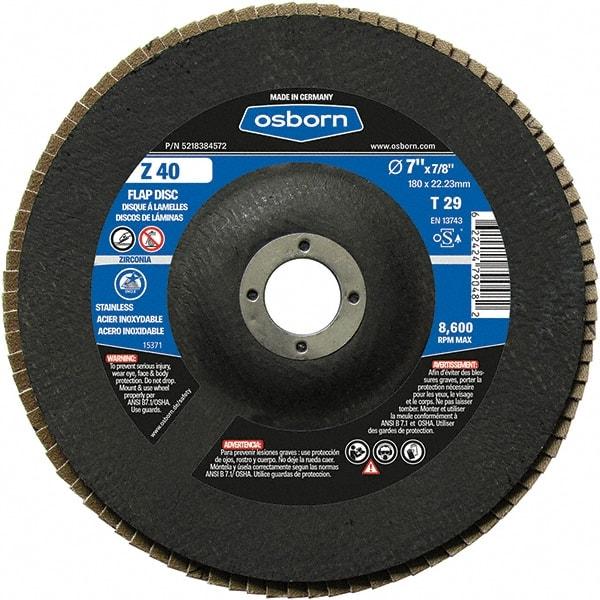 Osborn - 40 Grit, 7" Disc Diam, 7/8" Center Hole, Type 29 Zirconia Alumina Flap Disc - 8,600 Max RPM, Fiberglass Backing, Arbor Attaching System, Coated - Caliber Tooling