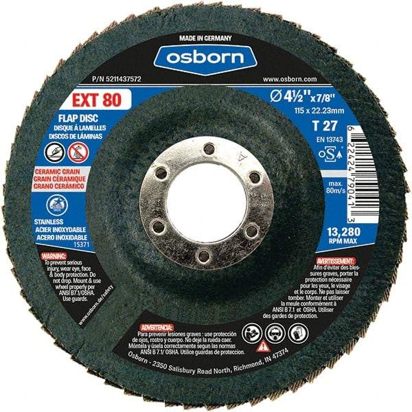 Osborn - 80 Grit, 4-1/2" Disc Diam, 7/8" Center Hole, Type 27 Ceramic Flap Disc - 13,280 Max RPM, Fiberglass Backing, Arbor Attaching System, Coated - Caliber Tooling