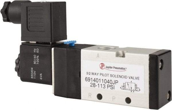 PRO-SOURCE - 1/4", 3/2 Way Single Stacking Solenoid Valve - 110 VAC, 0.98 CV Rate, 2.6" High x 5.12" Long - Caliber Tooling