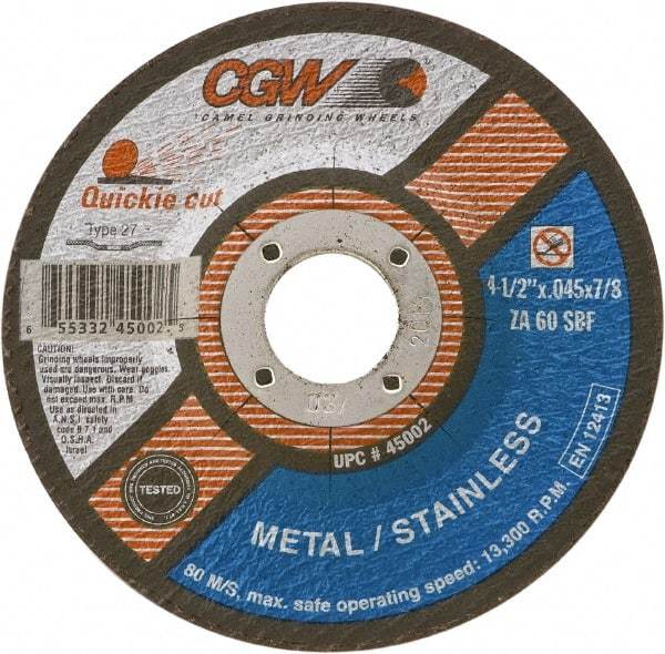 Camel Grinding Wheels - 60 Grit, 7" Wheel Diam, 1/16" Wheel Thickness, Type 27 Depressed Center Wheel - Medium Grade, Zirconia Alumina, Resinoid Bond, S Hardness, 8,500 Max RPM - Caliber Tooling