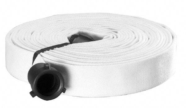 Made in USA - 1-1/2" ID x 1-3/4" OD, 150 Working psi, White Polyester/Rubber Fire Hose, Single Jacket - 1-1/2" NH/NST Ends, 50' Long, -40 to 150°F,450 Burst psi - Caliber Tooling