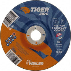 Weiler - 30 Grit, 9" Wheel Diam, 7/8" Arbor Hole, Type 27 Depressed Center Wheel - Hard Grade, Zirconia Alumina, T Hardness, 10,200 Max RPM - Caliber Tooling