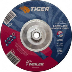 Weiler - 24 Grit, 7" Wheel Diam, Type 28 Depressed Center Wheel - Medium Grade, Aluminum Oxide, R Hardness, 8,500 Max RPM - Caliber Tooling