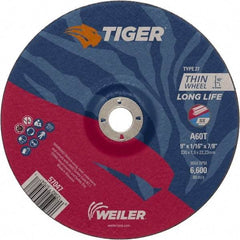 Weiler - 60 Grit, 9" Wheel Diam, 7/8" Arbor Hole, Type 27 Depressed Center Wheel - Hard Grade, Aluminum Oxide, T Hardness, 6,600 Max RPM - Caliber Tooling