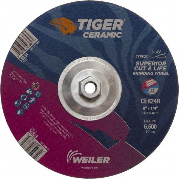 Weiler - 24 Grit, 9" Wheel Diam, Type 27 Depressed Center Wheel - Medium Grade, Ceramic, R Hardness, 6,600 Max RPM - Caliber Tooling