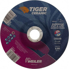 Weiler - 24 Grit, 7" Wheel Diam, 7/8" Arbor Hole, Type 27 Depressed Center Wheel - Medium Grade, Ceramic, R Hardness, 8,500 Max RPM - Caliber Tooling