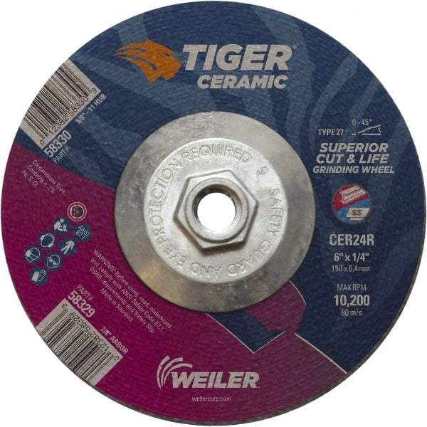 Weiler - 24 Grit, 6" Wheel Diam, Type 27 Depressed Center Wheel - Medium Grade, Ceramic, R Hardness, 10,200 Max RPM - Caliber Tooling