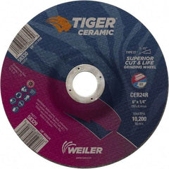 Weiler - 24 Grit, 6" Wheel Diam, 7/8" Arbor Hole, Type 27 Depressed Center Wheel - Medium Grade, Ceramic, R Hardness, 10,200 Max RPM - Caliber Tooling