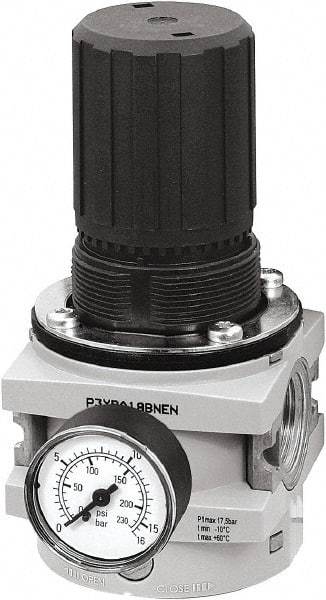 Parker - 1 NPT Port, 550 CFM, Aluminum Hi-Flow Regulator - 0 to 232 psi Range, 254 Max psi Supply Pressure, 1/4" Gauge Port Thread, 3-1/2" Wide x 7.2" High - Caliber Tooling