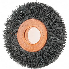 Tru-Maxx - 1-1/2" OD, 3/8" Arbor Hole, Crimped Steel Wheel Brush - 1/4" Face Width, 7/16" Trim Length, 0.0104" Filament Diam, 20,000 RPM - Caliber Tooling