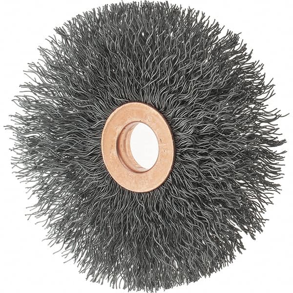 Tru-Maxx - 3" OD, 1/2" Arbor Hole, Crimped Steel Wheel Brush - 5/8" Face Width, 1" Trim Length, 0.0118" Filament Diam, 20,000 RPM - Caliber Tooling