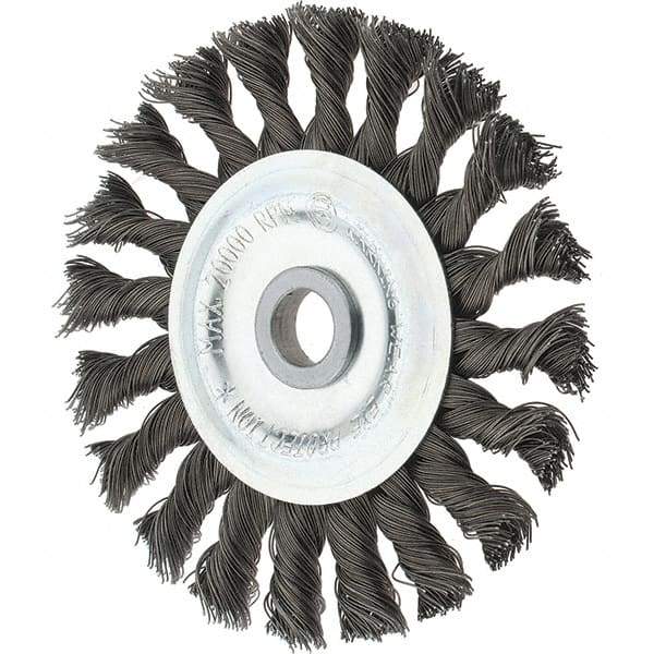 Tru-Maxx - 4" OD, 1/2" Arbor Hole, Knotted Steel Wheel Brush - 5/8" Face Width, 7/8" Trim Length, 0.014" Filament Diam, 20,000 RPM - Caliber Tooling