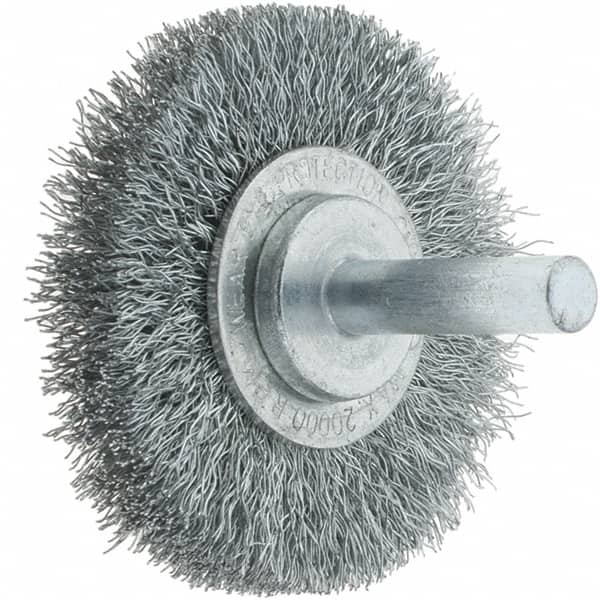 Tru-Maxx - 2" OD, 1/4" Shank Diam, Crimped Steel Wheel Brush - 3/8" Face Width, 7/16" Trim Length, 0.008" Filament Diam, 20,000 RPM - Caliber Tooling