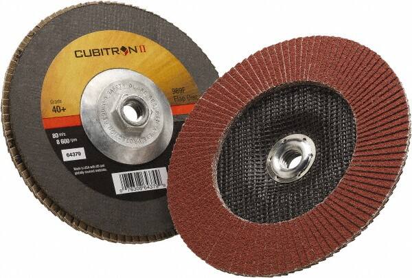 3M - 40 Grit, 7" Disc Diam, 5/8-11 Center Hole, Type 27 Ceramic Flap Disc - 8,500 Max RPM, Polyester Backing, Arbor Attaching System, Coated - Caliber Tooling