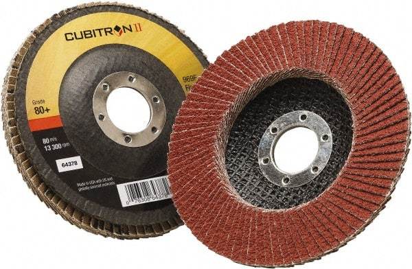 3M - 80 Grit, 4-1/2" Disc Diam, 7/8" Center Hole, Type 27 Ceramic Flap Disc - 13,300 Max RPM, Polyester Backing, Arbor Attaching System, Coated - Caliber Tooling