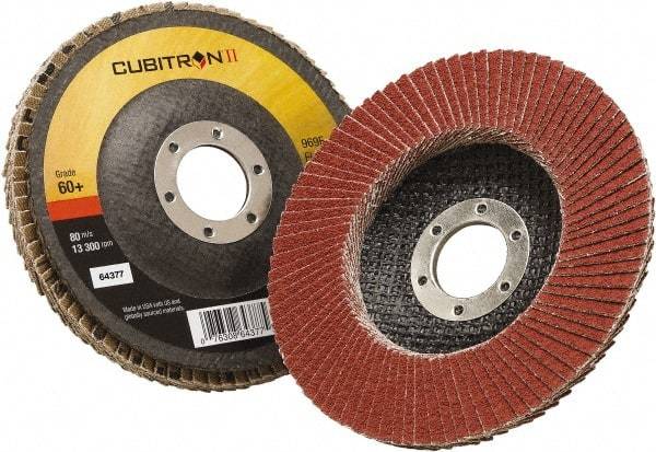 3M - 60 Grit, 4-1/2" Disc Diam, 7/8" Center Hole, Type 27 Ceramic Flap Disc - 13,300 Max RPM, Polyester Backing, Arbor Attaching System, Coated - Caliber Tooling