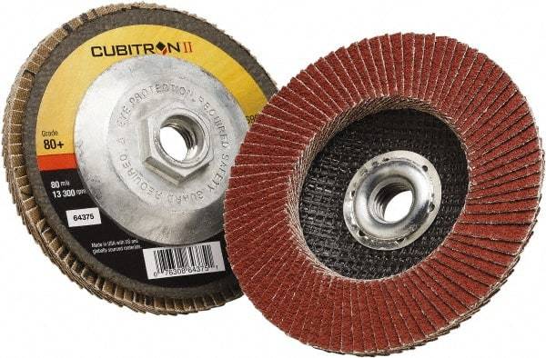 3M - 80 Grit, 4-1/2" Disc Diam, 5/8-11 Center Hole, Type 27 Ceramic Flap Disc - 13,300 Max RPM, Polyester Backing, Arbor Attaching System, Coated - Caliber Tooling