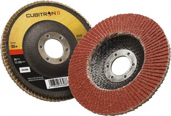 3M - 40 Grit, 4-1/2" Disc Diam, 5/8-11 Center Hole, Type 27 Ceramic Flap Disc - 13,300 Max RPM, Polyester Backing, Arbor Attaching System, Coated - Caliber Tooling