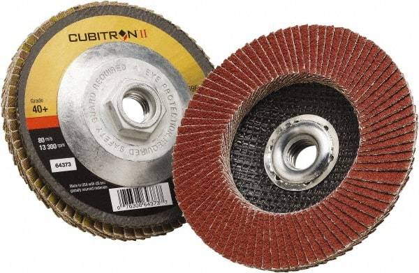 3M - 40 Grit, 4-1/2" Disc Diam, 5/8-11 Center Hole, Type 27 Ceramic Flap Disc - 13,300 Max RPM, Polyester Backing, Arbor Attaching System, Coated - Caliber Tooling