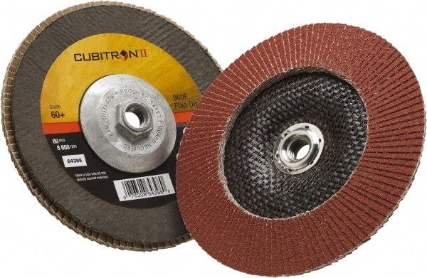 3M - 60 Grit, 7" Disc Diam, 5/8-11 Center Hole, Type 29 Ceramic Flap Disc - 8,500 Max RPM, Polyester Backing, Arbor Attaching System, Coated - Caliber Tooling