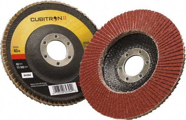 3M - 40 Grit, 5" Disc Diam, 7/8" Center Hole, Type 29 Ceramic Flap Disc - 12,100 Max RPM, Polyester Backing, Arbor Attaching System, Coated - Caliber Tooling