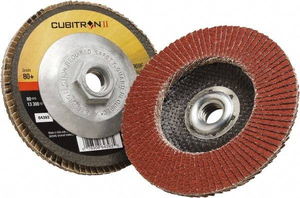 3M - 80 Grit, 5" Disc Diam, 5/8-11 Center Hole, Type 29 Ceramic Flap Disc - 12,100 Max RPM, Polyester Backing, Arbor Attaching System, Coated - Caliber Tooling