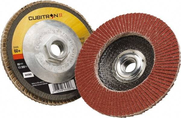 3M - 60 Grit, 5" Disc Diam, 5/8-11 Center Hole, Type 29 Ceramic Flap Disc - 12,100 Max RPM, Polyester Backing, Arbor Attaching System, Coated - Caliber Tooling