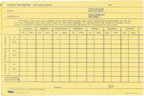 TOPS - 29/32" High x 6-51/64" Wide Weekly Time Cards - Use with Manual Time Record - Caliber Tooling