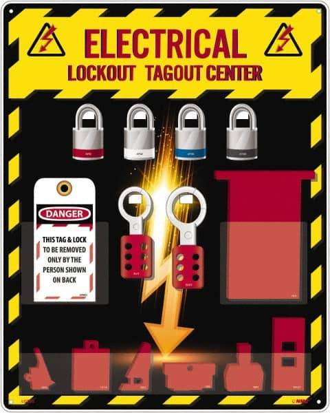 NMC - Equipped Acrylic Electrical Lockout Station - 16" Wide x 20" High x 4" Deep, Red, White, Blue, Black - Caliber Tooling