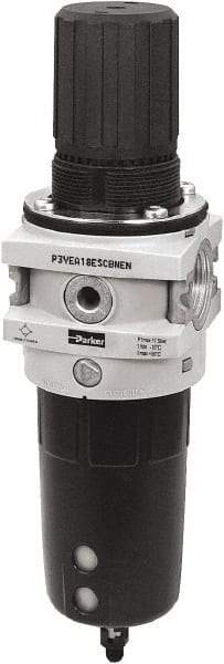 Parker - 3/4" NPT Port Heavy-Duty 1 Piece Filter/Regulator FRL Unit - Polypropylene Bowl, 335 SCFM, 254 Max psi, 13-1/2" High, Manual Drain - Caliber Tooling