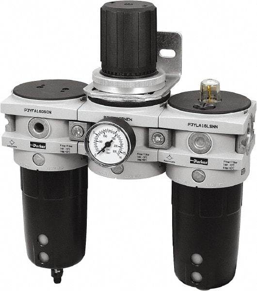 Parker - 1" NPT Port Heavy-Duty 3 Piece Filter-Regulator-Lubricator FRL Unit - Polypropylene Bowl, 170 SCFM, 254 Max psi, 13-1/2" High, Manual Drain - Caliber Tooling