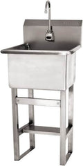 SANI-LAV - 18" Long x 18" Wide Inside, 1 Compartment, Grade 304 Stainless Steel Utility Sink Battery Sensor - 14 Gauge, 21" Long x 20-1/2" Wide x 48" High Outside, 12" Deep - Caliber Tooling