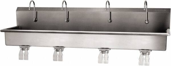 SANI-LAV - 77" Long x 16-1/2" Wide Inside, 1 Compartment, Grade 304 Stainless Steel (4) Person Wash-Station with Double Foot Valves - 16 Gauge, 80" Long x 20" Wide x 18" High Outside, 8" Deep - Caliber Tooling