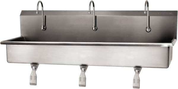 SANI-LAV - 57" Long x 16-1/2" Wide Inside, 1 Compartment, Grade 304 Stainless Steel (3) Person Wash-Station with Single Foot Valves - 16 Gauge, 60" Long x 20" Wide x 18" High Outside, 8" Deep - Caliber Tooling